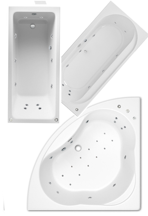 Single ended, double ended and corner baths with whirlpool spa Jacuzzi style systems