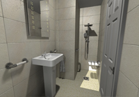 Wet room with walk in shower, complete with a range of assistive products including shower seat and various support rails