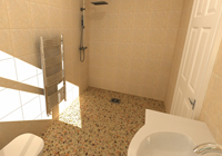 Wheelchair accessible wet room with a low level comfort pan